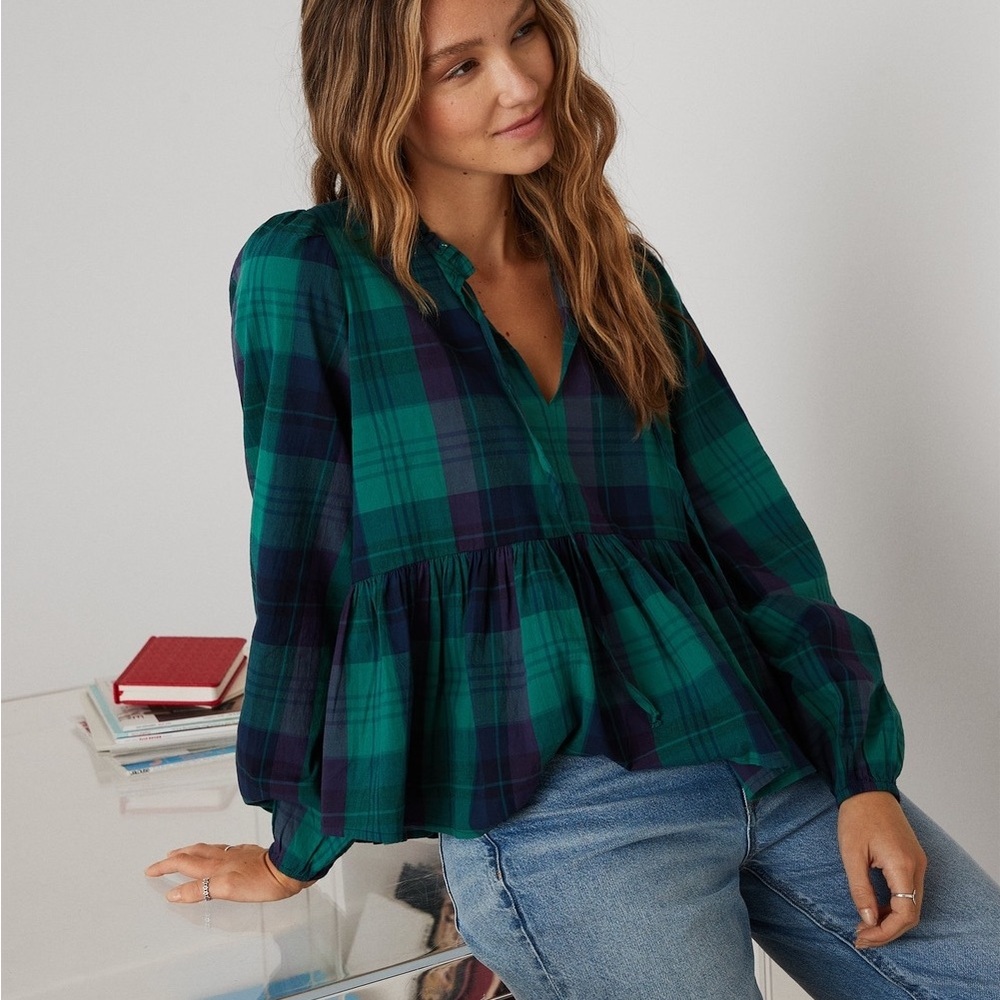 American Eagle Plaid Peasant Blouse